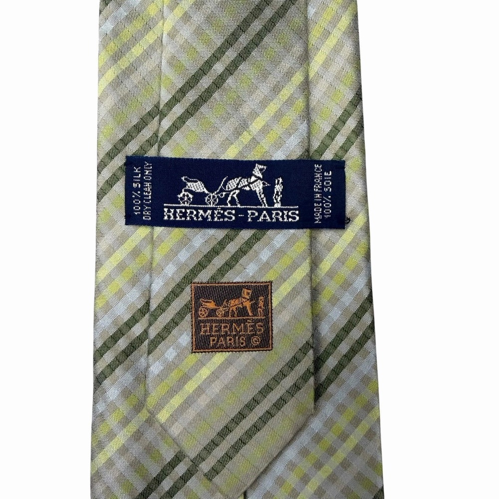 Hermes Men's Recent Tie Green/Yellow Plaid Silk 758804T 3.5" (W) x 61.5" (L) euc
